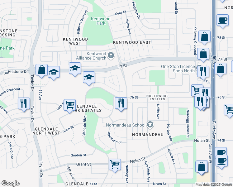 map of restaurants, bars, coffee shops, grocery stores, and more near 258 Glendale Boulevard in Red Deer
