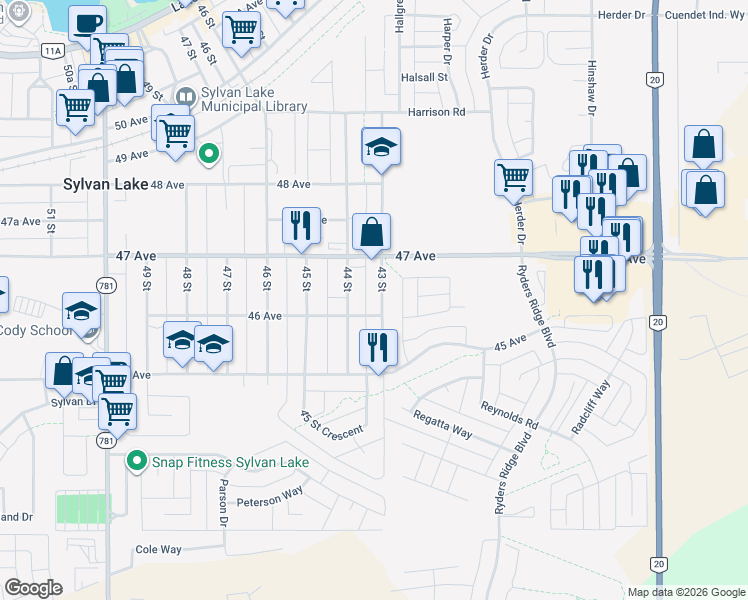 map of restaurants, bars, coffee shops, grocery stores, and more near 4606 43 Street in Sylvan Lake