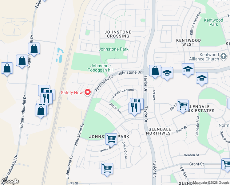 map of restaurants, bars, coffee shops, grocery stores, and more near 153 Jones Crescent in Red Deer