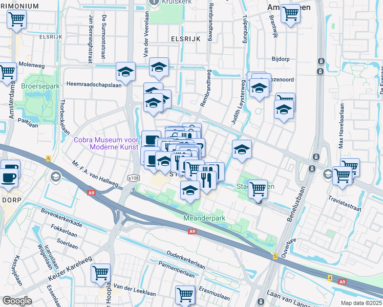 map of restaurants, bars, coffee shops, grocery stores, and more near 1 Pieter Lastmanweg in Amstelveen