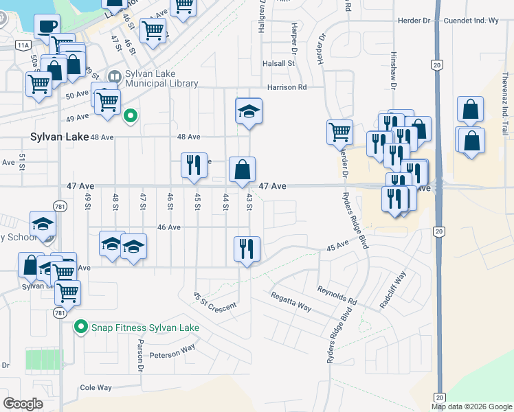 map of restaurants, bars, coffee shops, grocery stores, and more near 4606 43 Street in Sylvan Lake