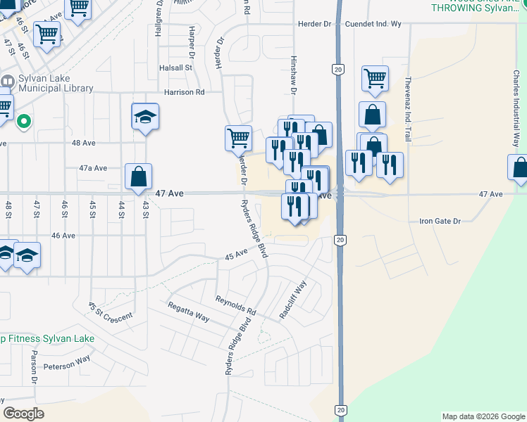 map of restaurants, bars, coffee shops, grocery stores, and more near 4603 Ryders Ridge Boulevard in Sylvan Lake