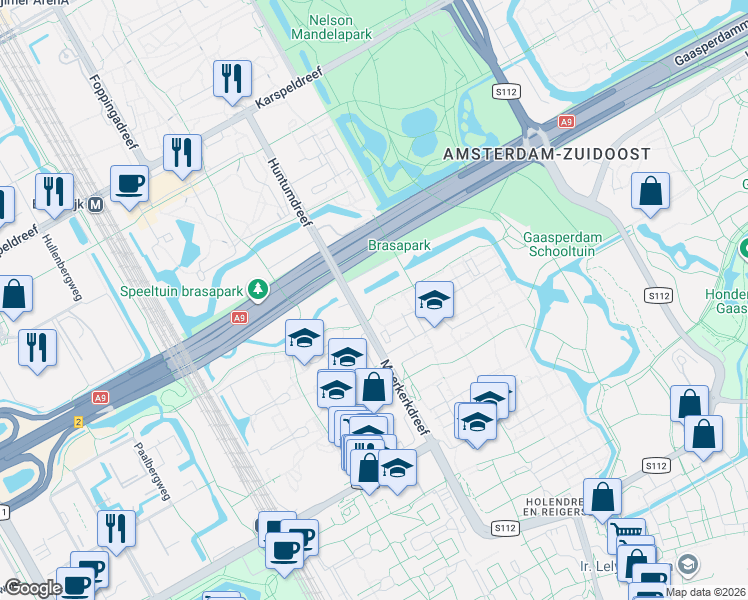map of restaurants, bars, coffee shops, grocery stores, and more near 40 Maldenhof in Amsterdam-Zuidoost
