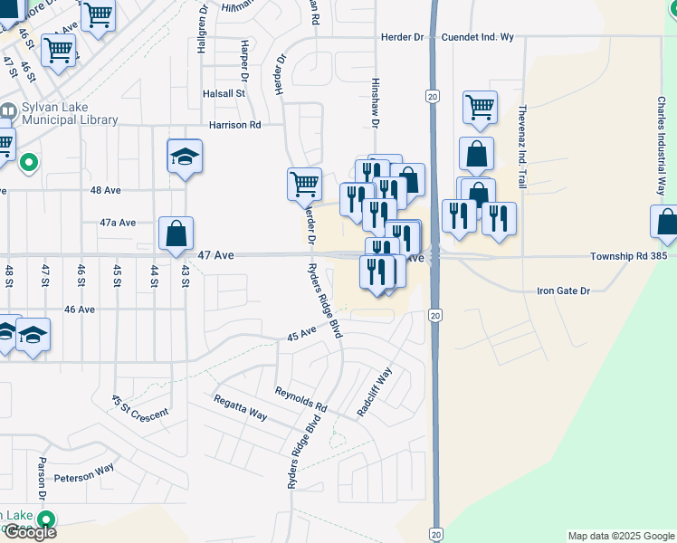map of restaurants, bars, coffee shops, grocery stores, and more near 4603 Ryders Ridge Boulevard in Sylvan Lake