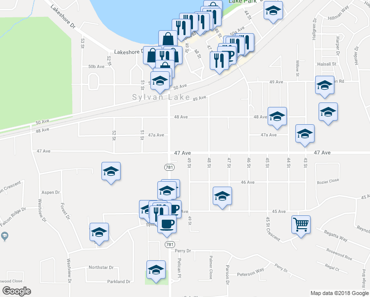 map of restaurants, bars, coffee shops, grocery stores, and more near 4908 47 Avenue in Sylvan Lake