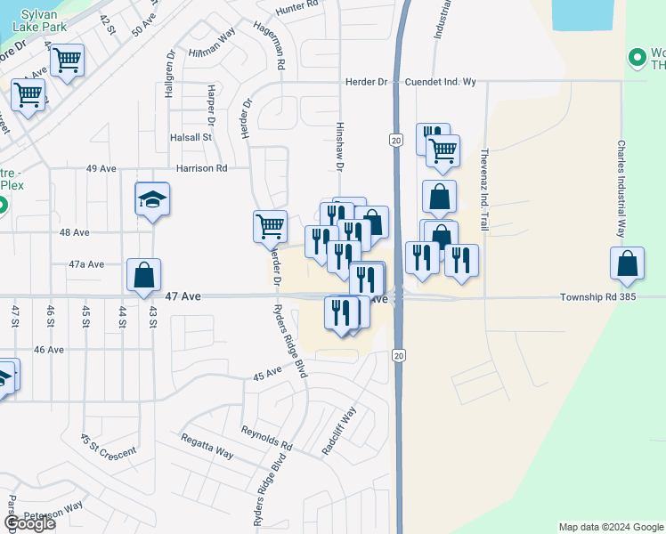 map of restaurants, bars, coffee shops, grocery stores, and more near in Sylvan Lake