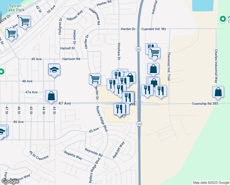 map of restaurants, bars, coffee shops, grocery stores, and more near Hewlett Park Landing in Sylvan Lake