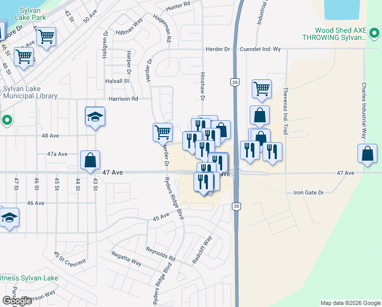 map of restaurants, bars, coffee shops, grocery stores, and more near Hewlett Park Landing in Sylvan Lake
