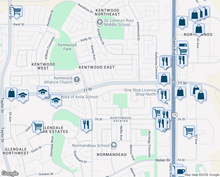 map of restaurants, bars, coffee shops, grocery stores, and more near 5344 76 Street in Red Deer