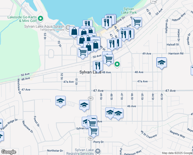map of restaurants, bars, coffee shops, grocery stores, and more near 4917 48 Avenue in Sylvan Lake