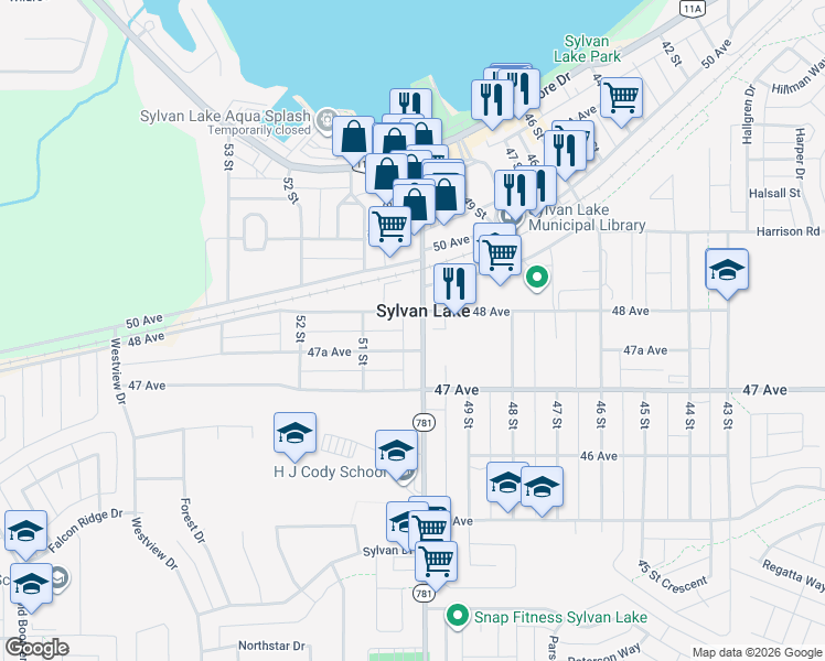 map of restaurants, bars, coffee shops, grocery stores, and more near in Sylvan Lake