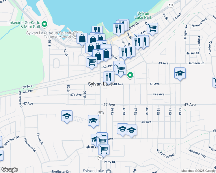 map of restaurants, bars, coffee shops, grocery stores, and more near 4917 48 Avenue in Sylvan Lake