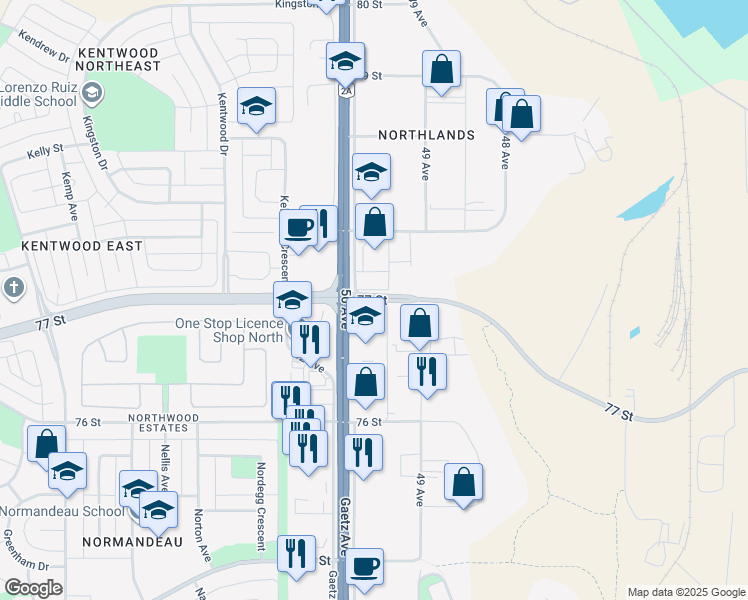 map of restaurants, bars, coffee shops, grocery stores, and more near 77 Street in Red Deer