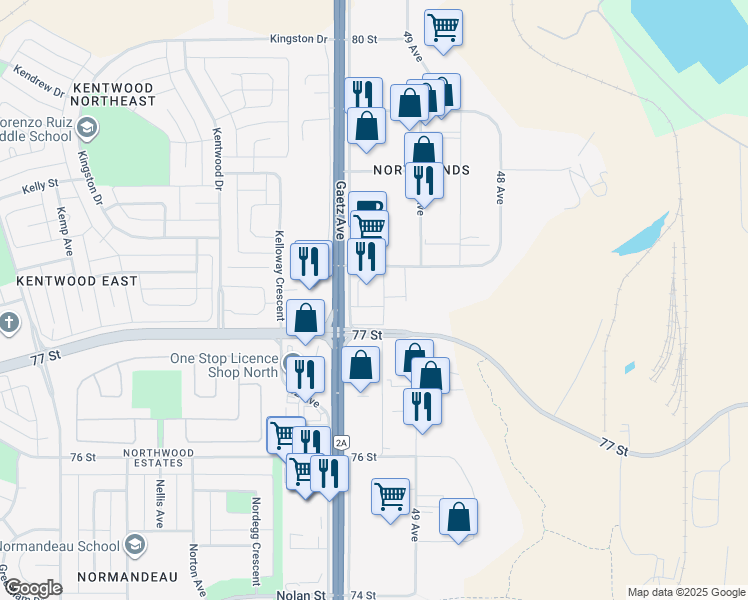 map of restaurants, bars, coffee shops, grocery stores, and more near 7727 50 Avenue in Red Deer