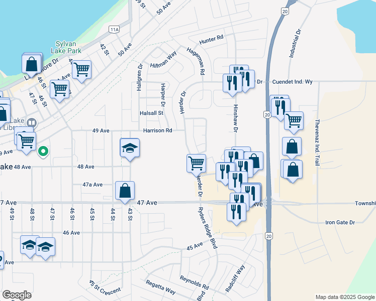 map of restaurants, bars, coffee shops, grocery stores, and more near Herder Drive in Sylvan Lake