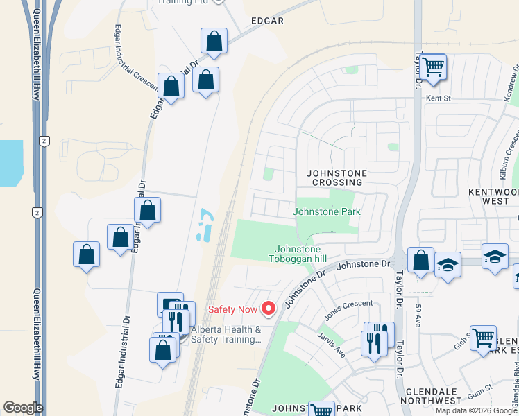 map of restaurants, bars, coffee shops, grocery stores, and more near 100 Jordan Parkway in Red Deer