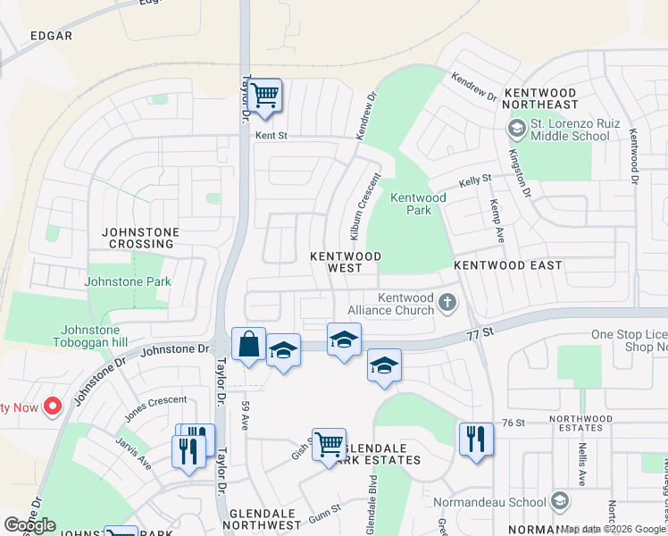 map of restaurants, bars, coffee shops, grocery stores, and more near 13 Kendrew Drive in Red Deer