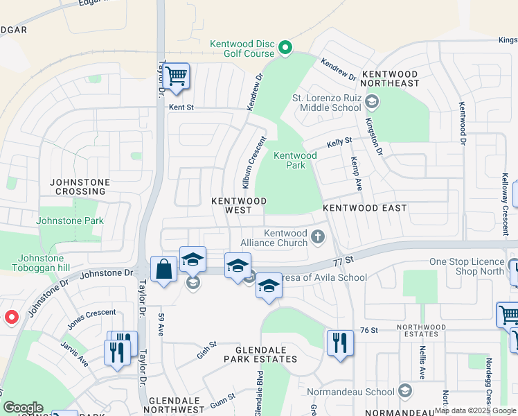 map of restaurants, bars, coffee shops, grocery stores, and more near 3 Krause Crescent in Red Deer
