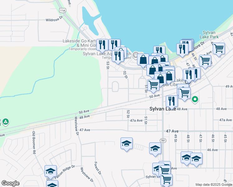 map of restaurants, bars, coffee shops, grocery stores, and more near 5220 50A Avenue in Sylvan Lake
