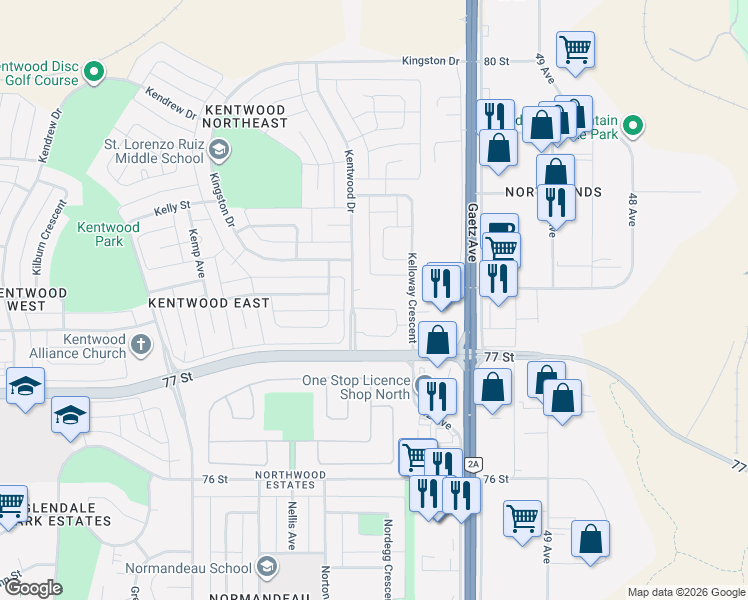 map of restaurants, bars, coffee shops, grocery stores, and more near 80 A Kelloway Crescent in Red Deer