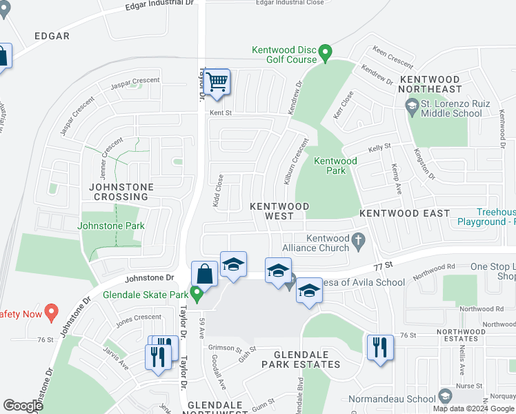 map of restaurants, bars, coffee shops, grocery stores, and more near 30 Kendrew Drive in Red Deer