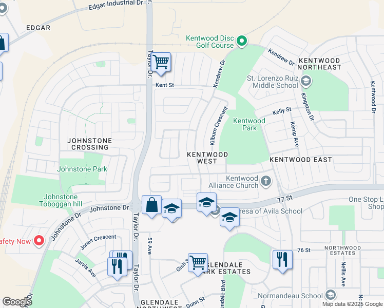map of restaurants, bars, coffee shops, grocery stores, and more near 32 Kendrew Drive in Red Deer