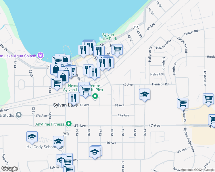 map of restaurants, bars, coffee shops, grocery stores, and more near 4602 49 Avenue in Sylvan Lake