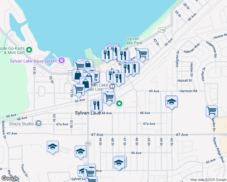 map of restaurants, bars, coffee shops, grocery stores, and more near 4715 50 Avenue in Sylvan Lake