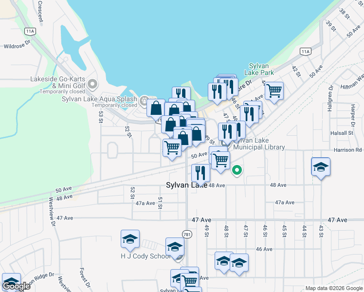 map of restaurants, bars, coffee shops, grocery stores, and more near 5016 50 Avenue in Sylvan Lake
