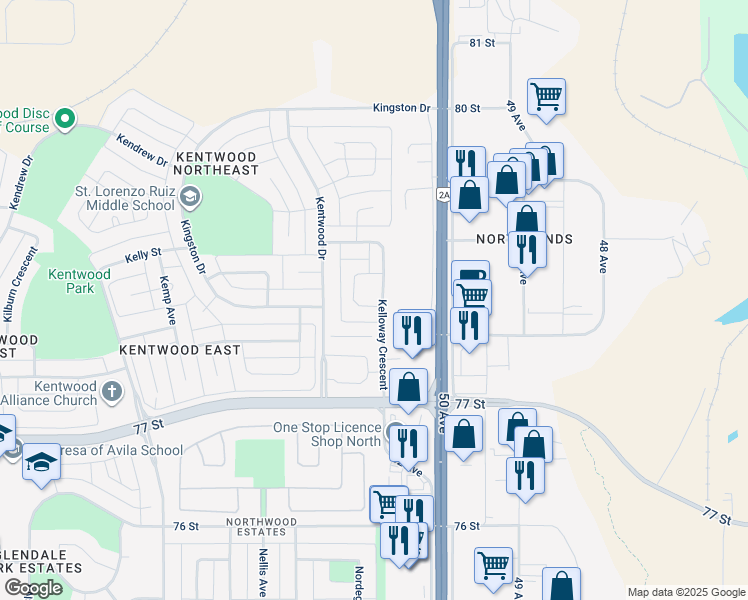 map of restaurants, bars, coffee shops, grocery stores, and more near 154 Kelloway Crescent in Red Deer