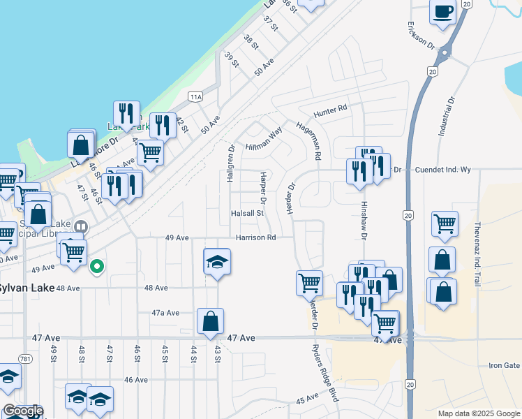 map of restaurants, bars, coffee shops, grocery stores, and more near 16 Harper Drive in Sylvan Lake