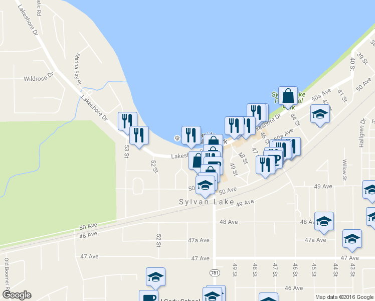 map of restaurants, bars, coffee shops, grocery stores, and more near 5104 Lakeshore Drive in Sylvan Lake