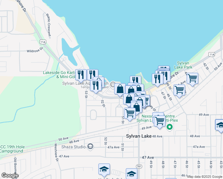map of restaurants, bars, coffee shops, grocery stores, and more near 5104 Lakeshore Drive in Sylvan Lake
