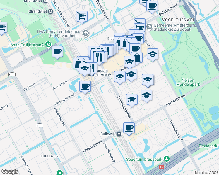 map of restaurants, bars, coffee shops, grocery stores, and more near 20 Foppingadreef in Amsterdam-Zuidoost