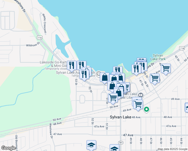map of restaurants, bars, coffee shops, grocery stores, and more near 5210 Lakeshore Drive in Sylvan Lake