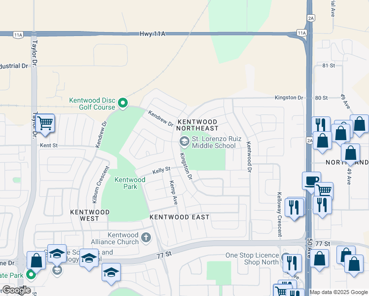 map of restaurants, bars, coffee shops, grocery stores, and more near 150 Kingston Drive in Red Deer