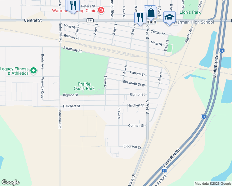 map of restaurants, bars, coffee shops, grocery stores, and more near 202 Rigmor Street in Warman