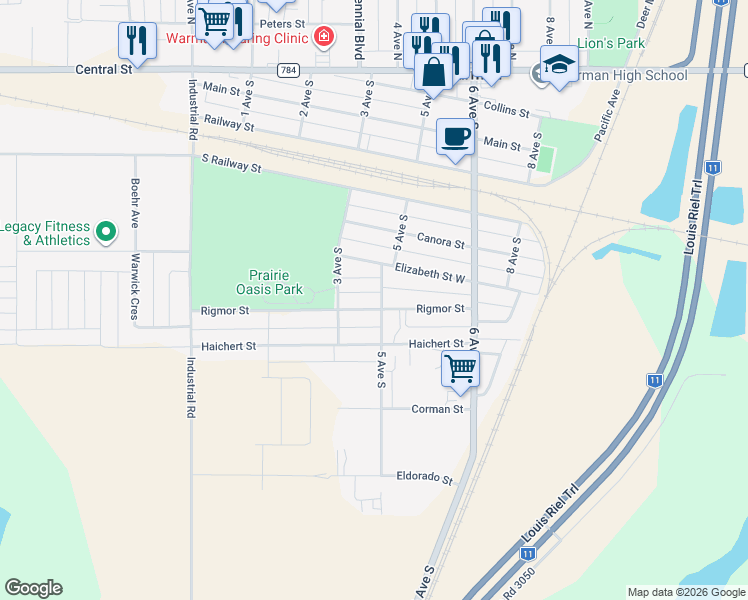 map of restaurants, bars, coffee shops, grocery stores, and more near 202 Rigmor Street in Warman