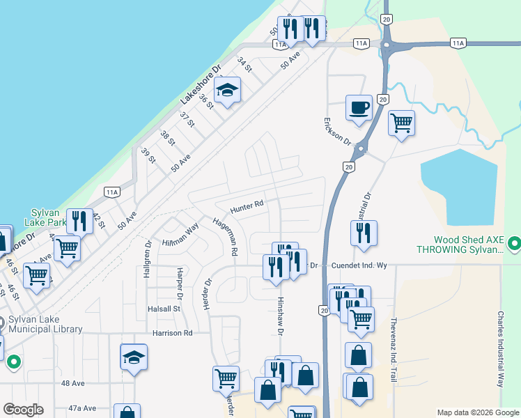 map of restaurants, bars, coffee shops, grocery stores, and more near in Sylvan Lake