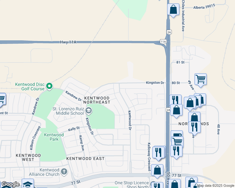 map of restaurants, bars, coffee shops, grocery stores, and more near 180 Kentwood Drive in Red Deer