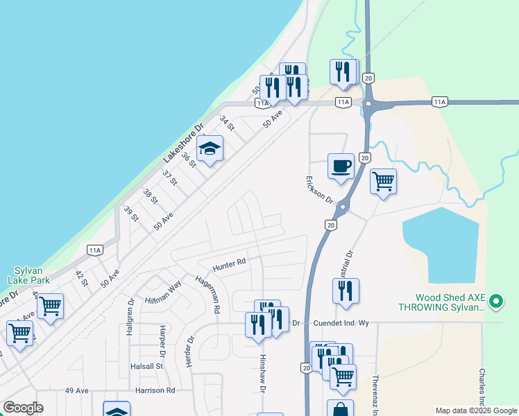 map of restaurants, bars, coffee shops, grocery stores, and more near Hampton Crescent in Sylvan Lake
