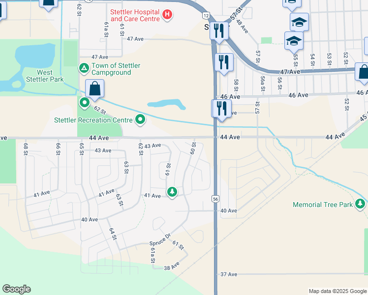 map of restaurants, bars, coffee shops, grocery stores, and more near 6005 43 Avenue in Stettler