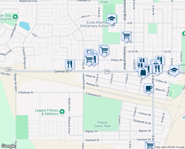 map of restaurants, bars, coffee shops, grocery stores, and more near 520 Central Street in Warman
