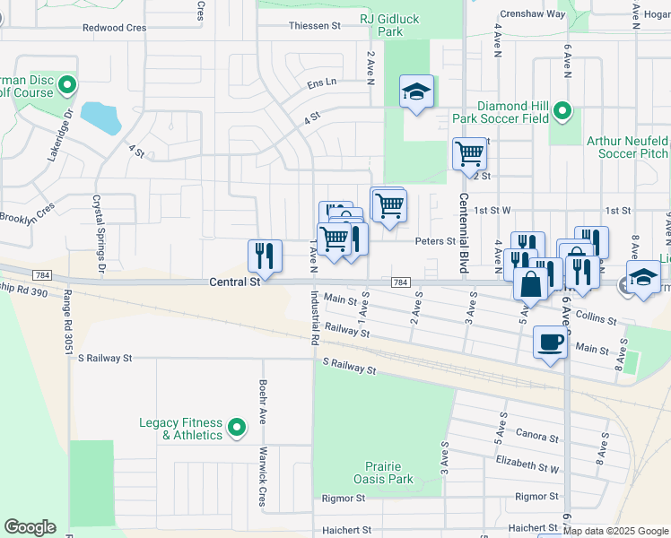 map of restaurants, bars, coffee shops, grocery stores, and more near 520 Central Street in Warman