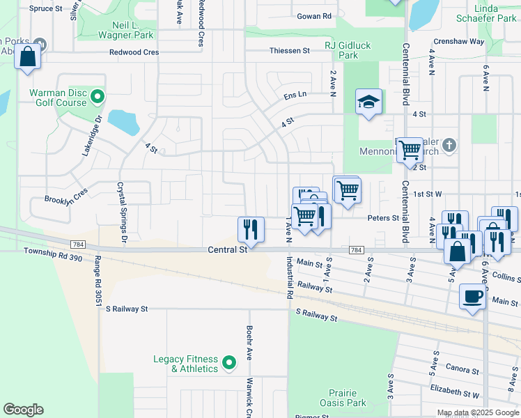 map of restaurants, bars, coffee shops, grocery stores, and more near 205 McKay Court in Warman