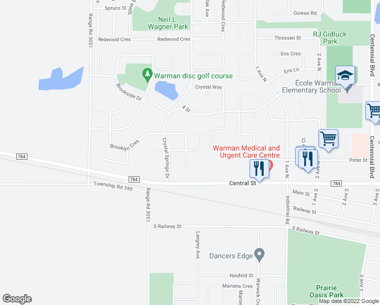 map of restaurants, bars, coffee shops, grocery stores, and more near 130 Meadowlark Park in Warman