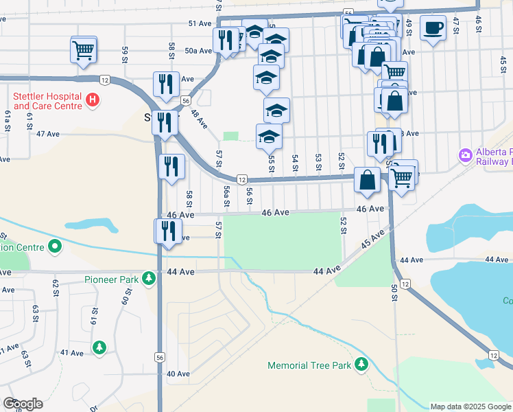 map of restaurants, bars, coffee shops, grocery stores, and more near 4601 56 Street in Stettler