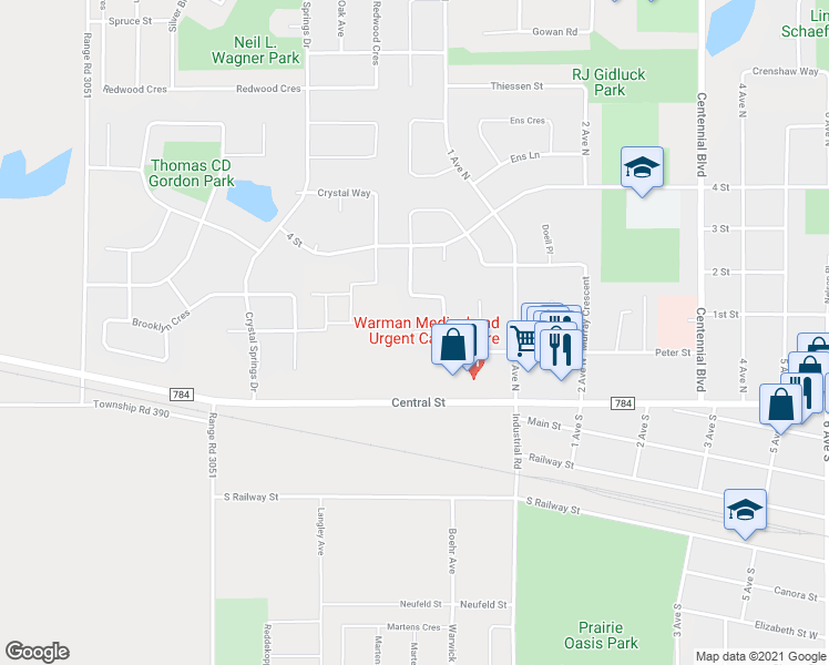 map of restaurants, bars, coffee shops, grocery stores, and more near 215 Burke Place in Warman