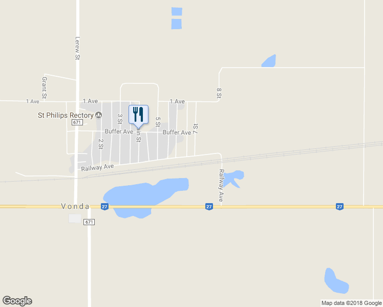 map of restaurants, bars, coffee shops, grocery stores, and more near 201 7 Street in Vonda