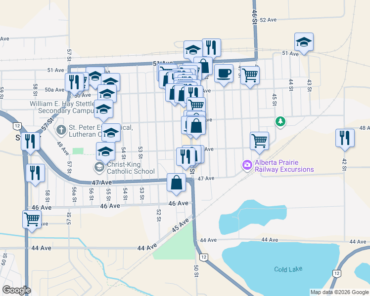 map of restaurants, bars, coffee shops, grocery stores, and more near 5004 48 Avenue in Stettler